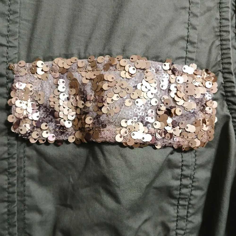 Chico's Utility Women Cinch Waist Vest 3 XL Army Green Sequins Patch Pockets